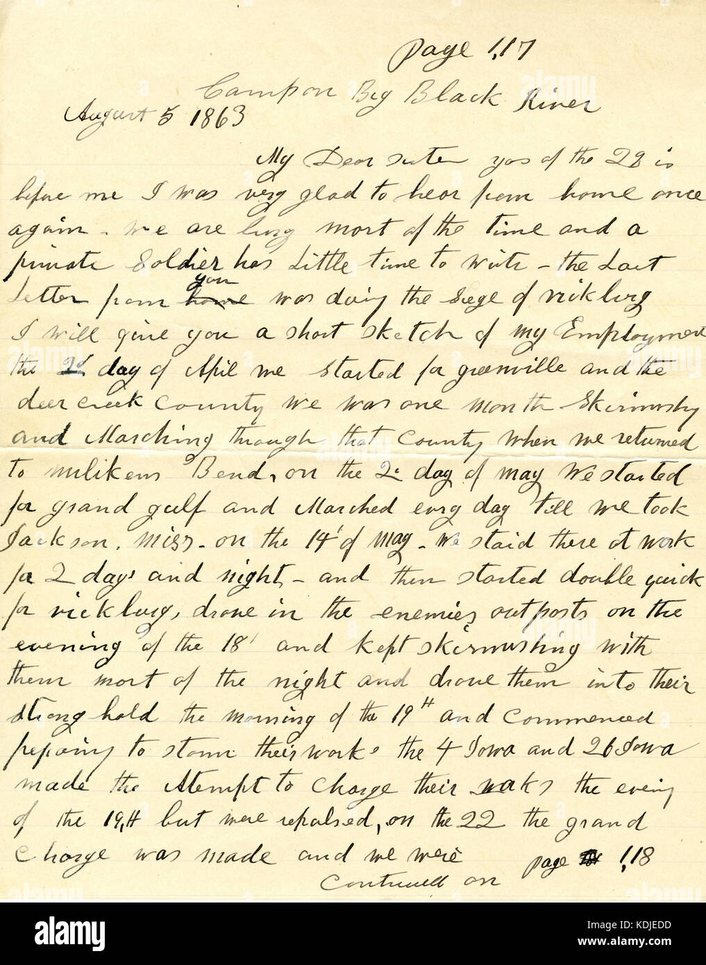 Brief unterzeichnet John N. Molton, Camp auf Big Black River (Mississippi), an unbekannte Empfänger, 5. August 1863 Stockfoto