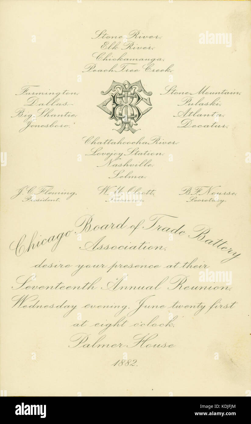 Einladung zum 17. jährlichen Treffen der Chicago Board of Trade Batterie Association, 1882 Stockfoto