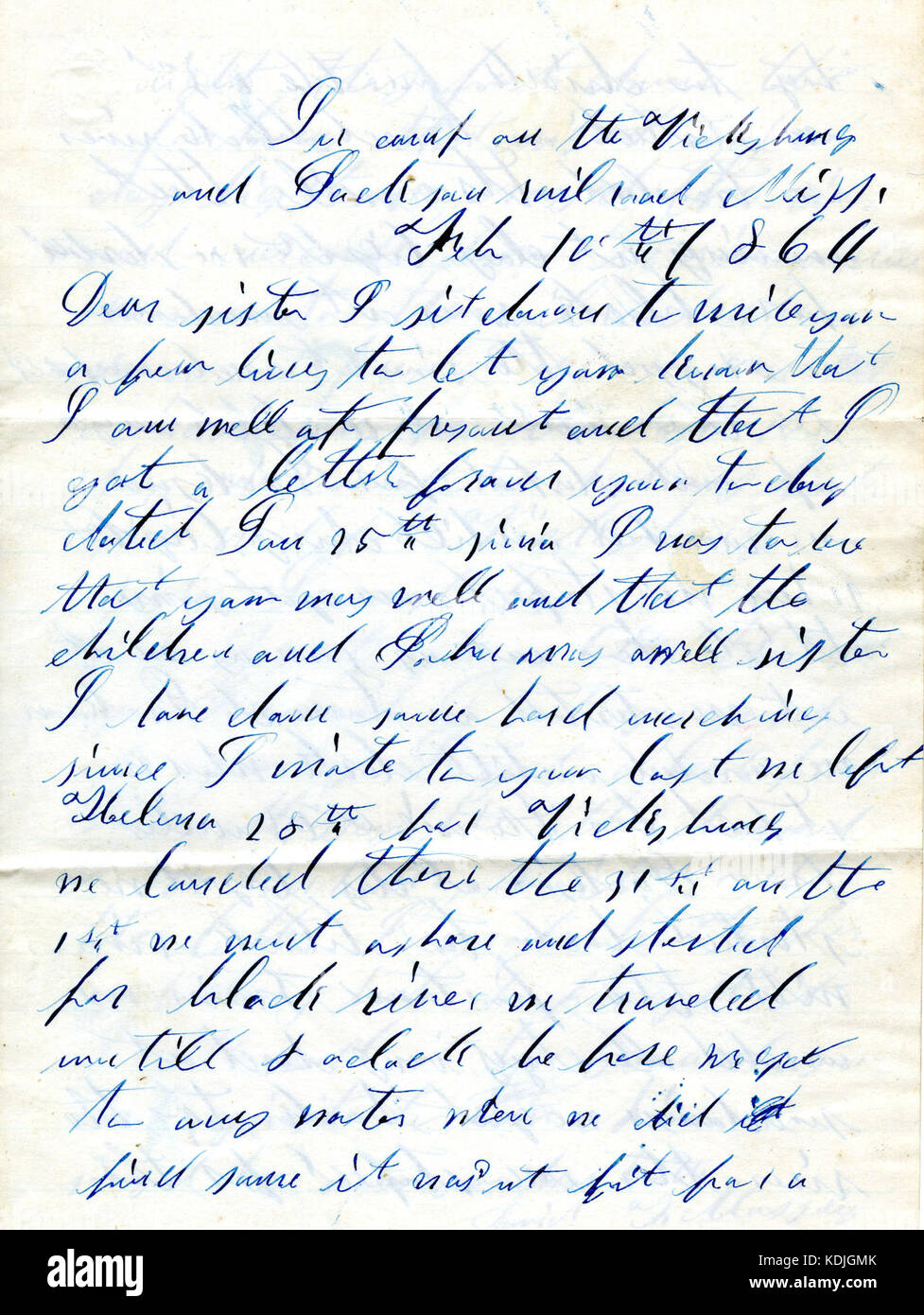 Brief unterzeichnet David T. Massey, in Camp auf der Vicksburg und Jackson Railroad, seiner Schwester, 10. Februar 1864 Stockfoto
