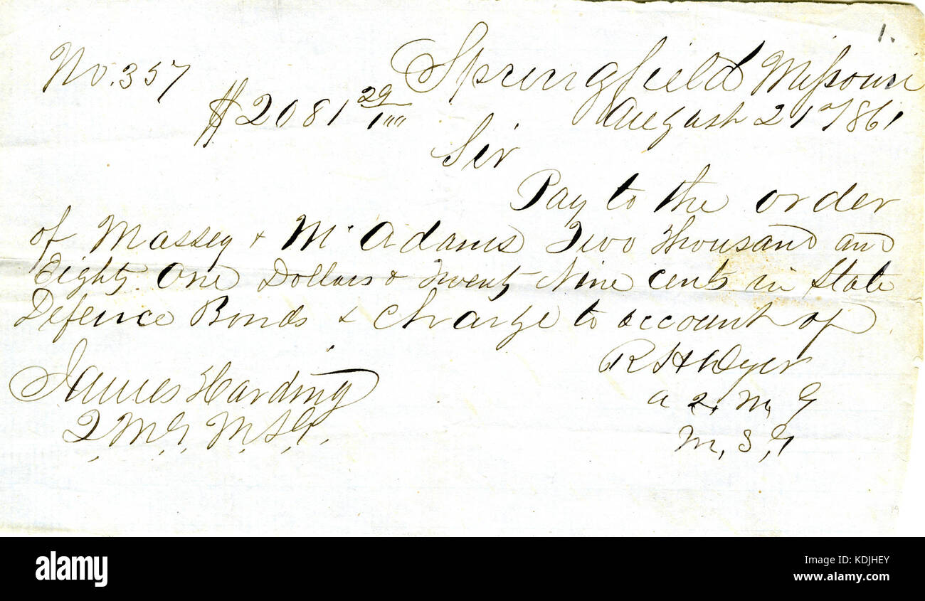 Bestellanforderung für die Zahlung von der rechten Wyer, Springfield, Missouri, zu James Harding, 21. August 1861 Stockfoto