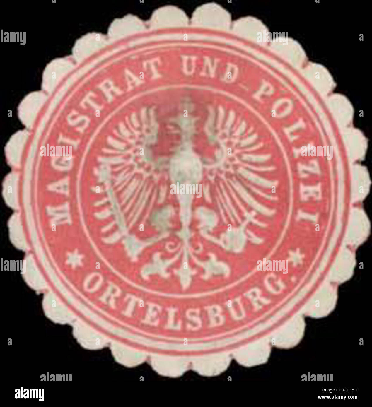 Dieses Siegel stellt das offizielle Emblem des Magistrats und der Polizei von Ortelsburg, einer Stadt in Ostpreußen, dar. Es steht für Autorität und wurde in rechtlichen und behördlichen Dokumenten verwendet. Stockfoto