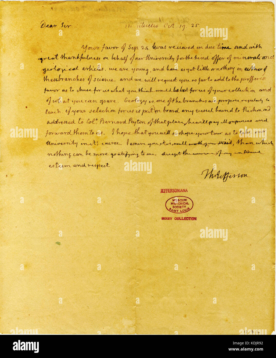 Brief unterzeichnet Thomas Jefferson, Monticello, William Maclure, 19. Oktober 1825 Stockfoto