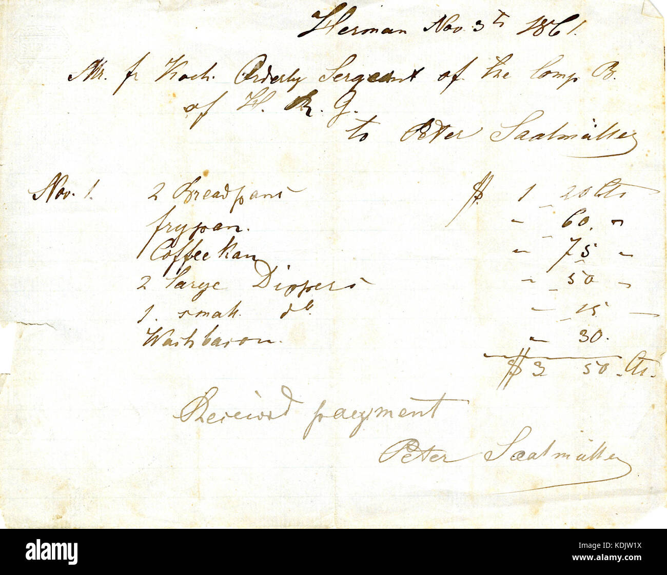 Zahlungseingang, unterzeichnet Peter Soalmulle, 3. November 1861 Stockfoto