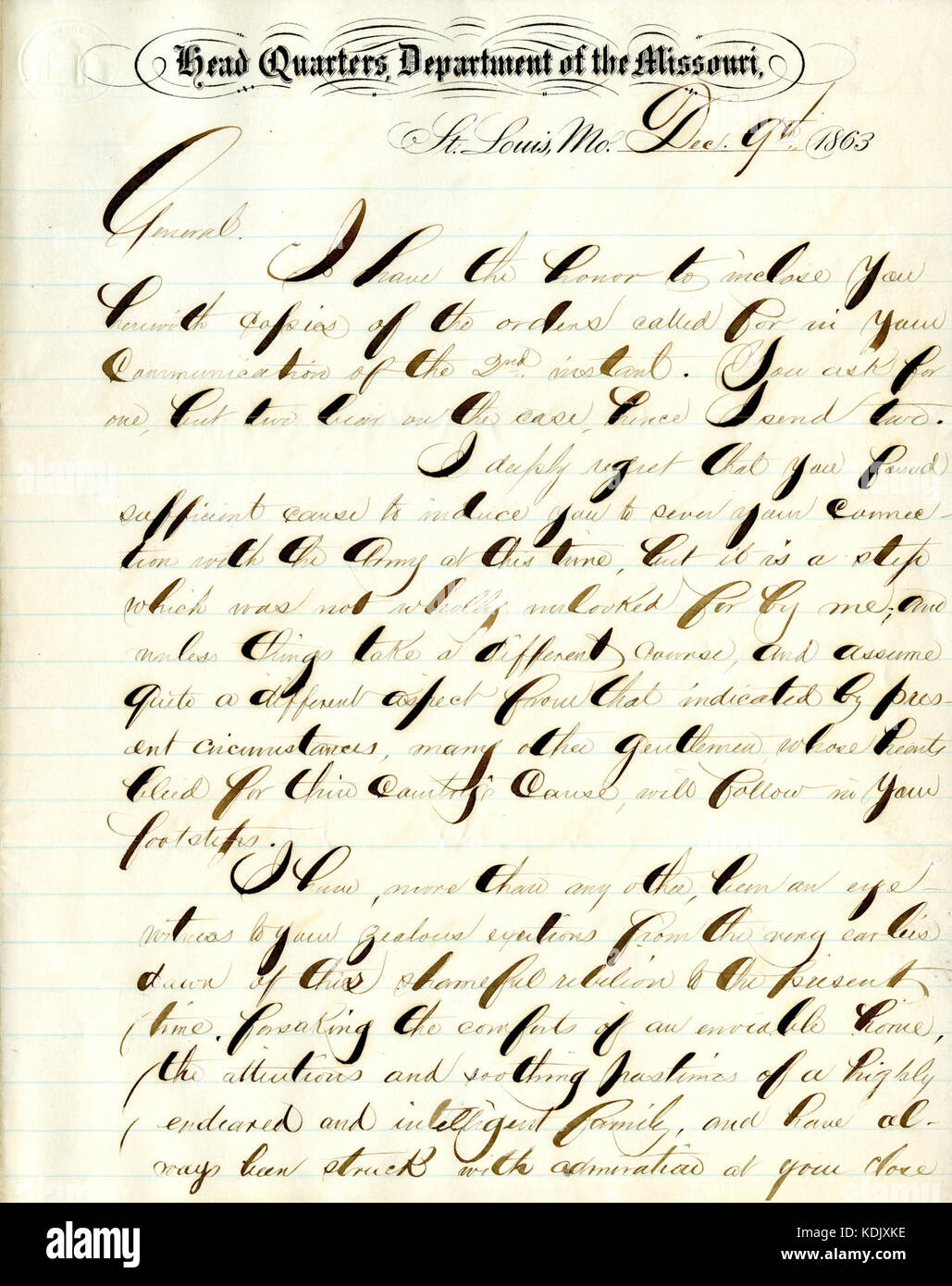 Brief unterzeichnet R.A. Phelan, St. Louis, MO., Brigadegeneral W.K. Starke, 9. Dezember 1863 Stockfoto