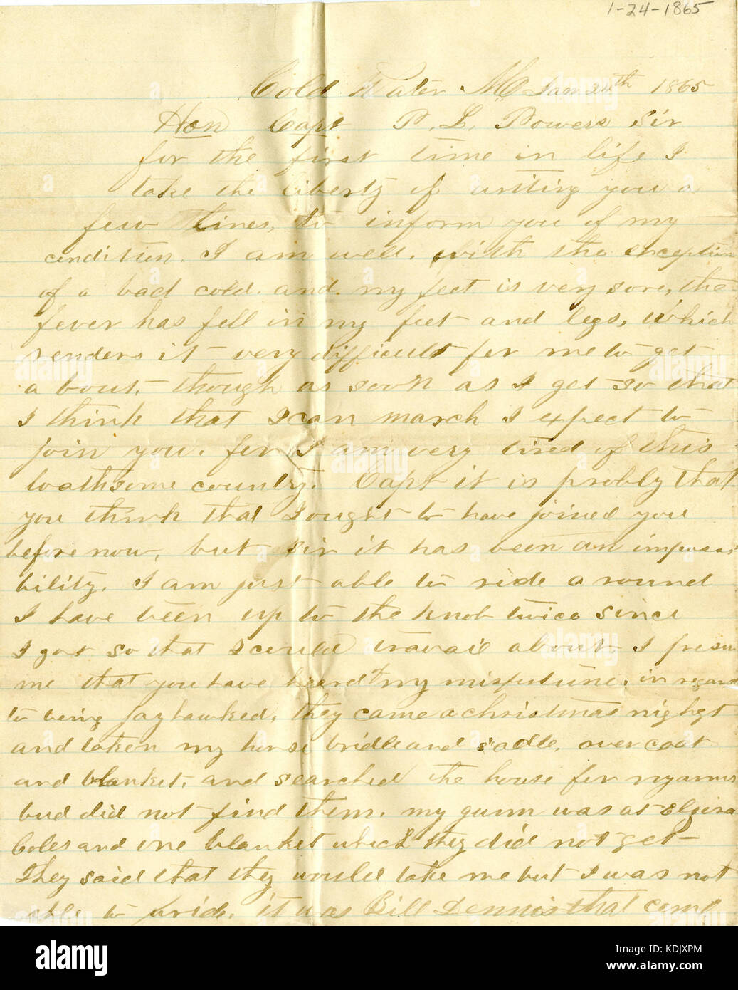 Brief unterzeichnet J.F. Kurze, kaltes Wasser, Mo, zum Kapitän P.L. Befugnisse, 24. Januar 1865 Stockfoto