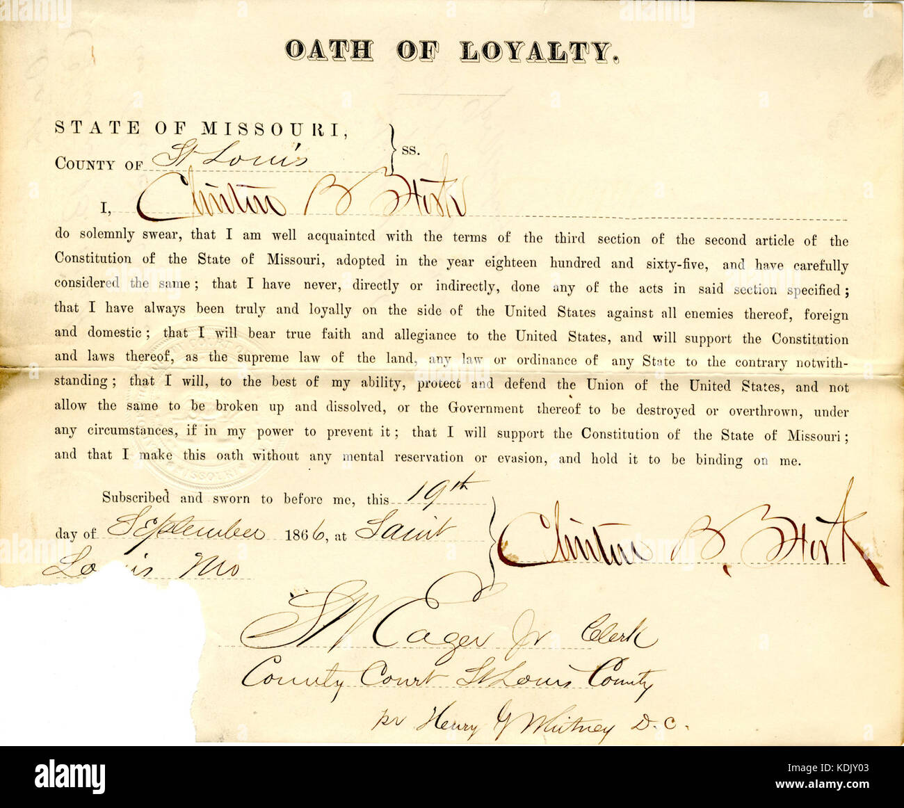 Treue Schwur von Clinton B. Fisk von Missouri, St. Louis Stockfoto