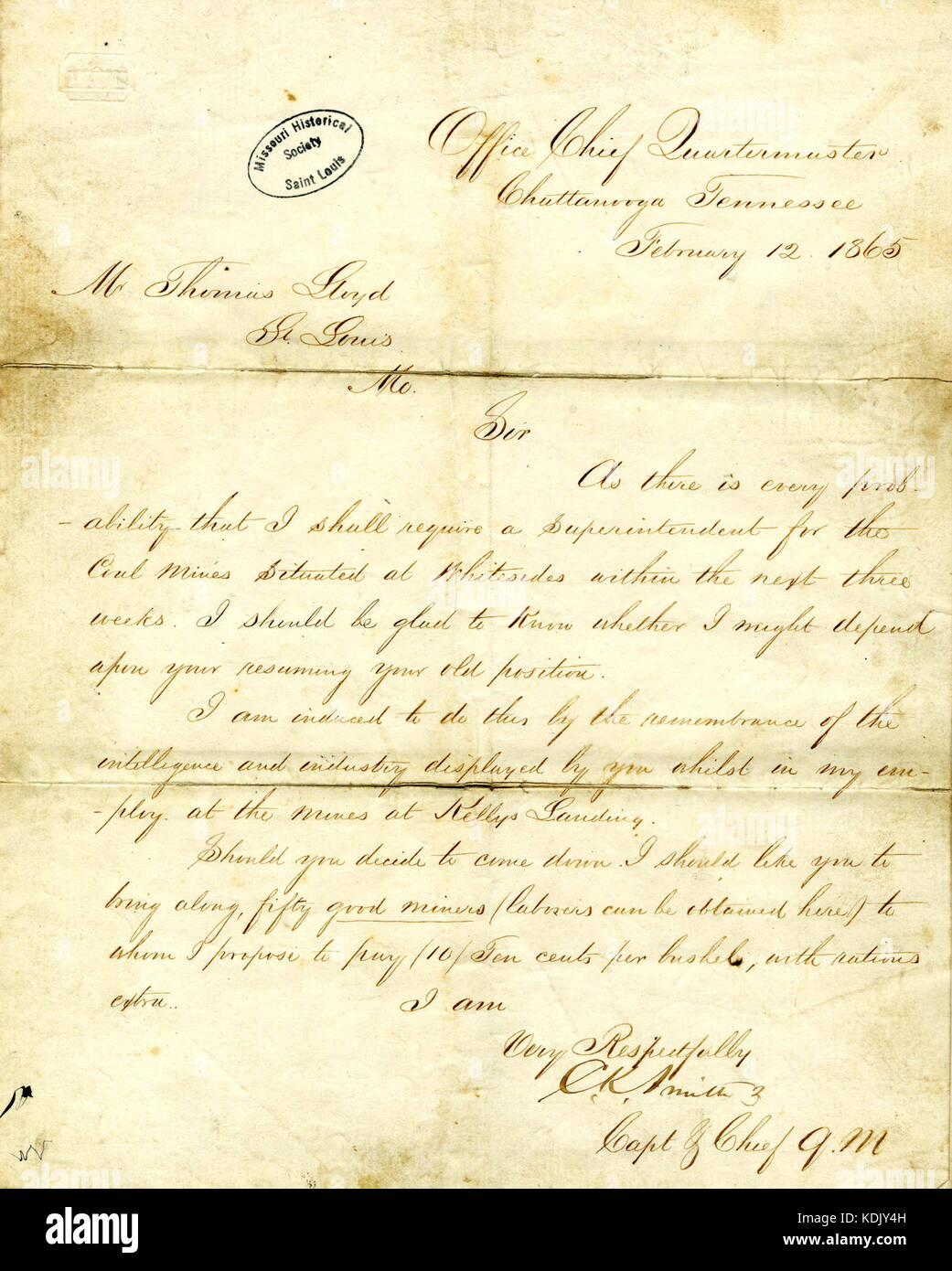 Brief unterschrieben Captain C.K. Smith, Office Chief Quartermaster, Chattanooga, Tennessee, von Herrn Thomas Lloyd, St. Louis, Mo, 12. Februar 1865 Stockfoto