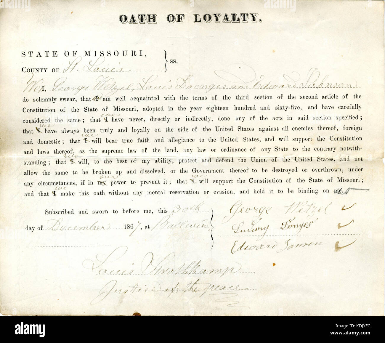 Dieses historische Dokument repräsentiert den Treueschworen von George Wetzel, Louis Doenges Donges und Edward Johnson in St. Louis, Missouri, wahrscheinlich während einer Zeit des Krieges oder politischen Umbruchs. Stockfoto