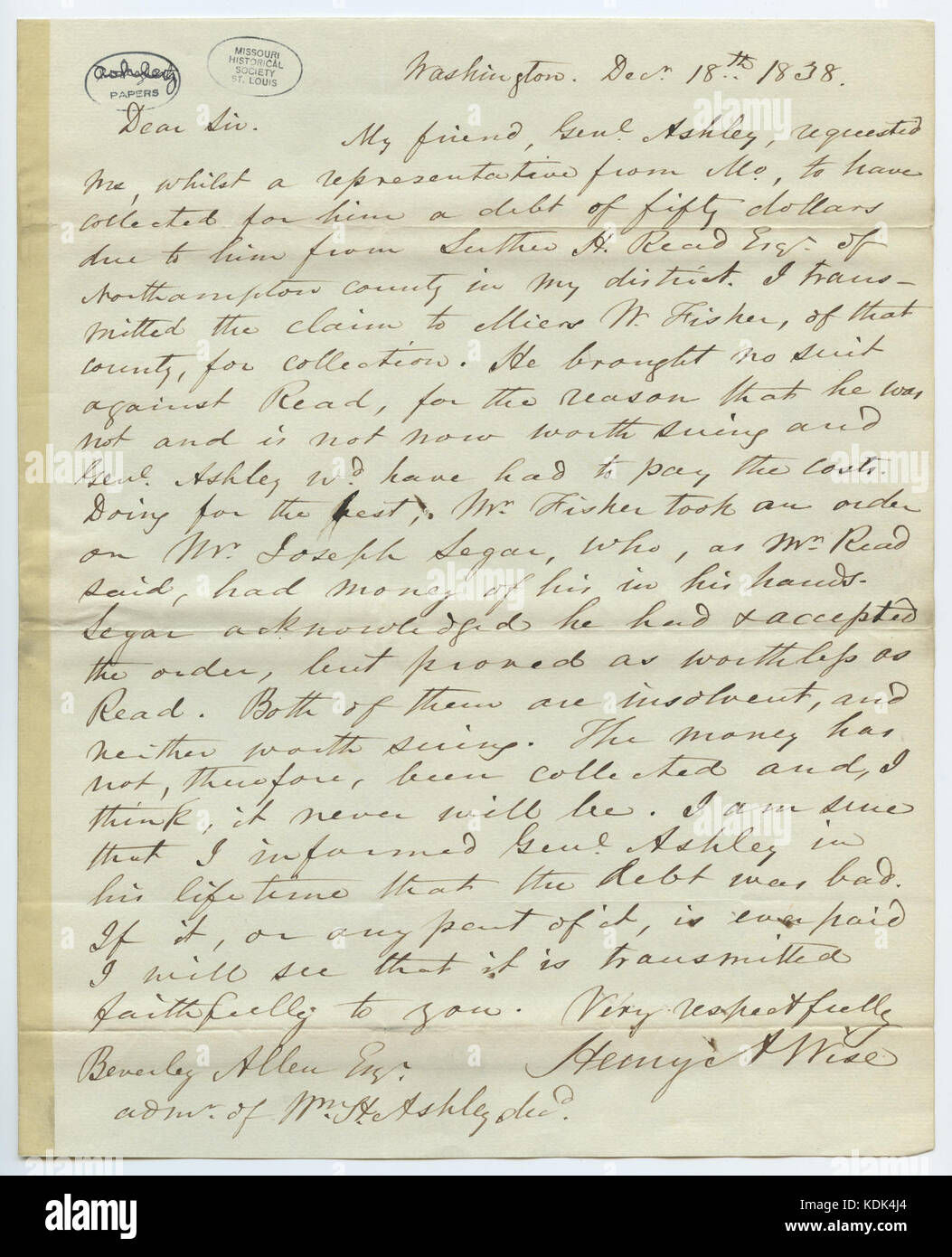 Brief unterzeichnet Henry A. Weisen, Washington, zu Beverly Allen (Administrator der Wm. H. Ashley Immobilien), St. Louis, Mo, 18. Dezember 1838 Stockfoto