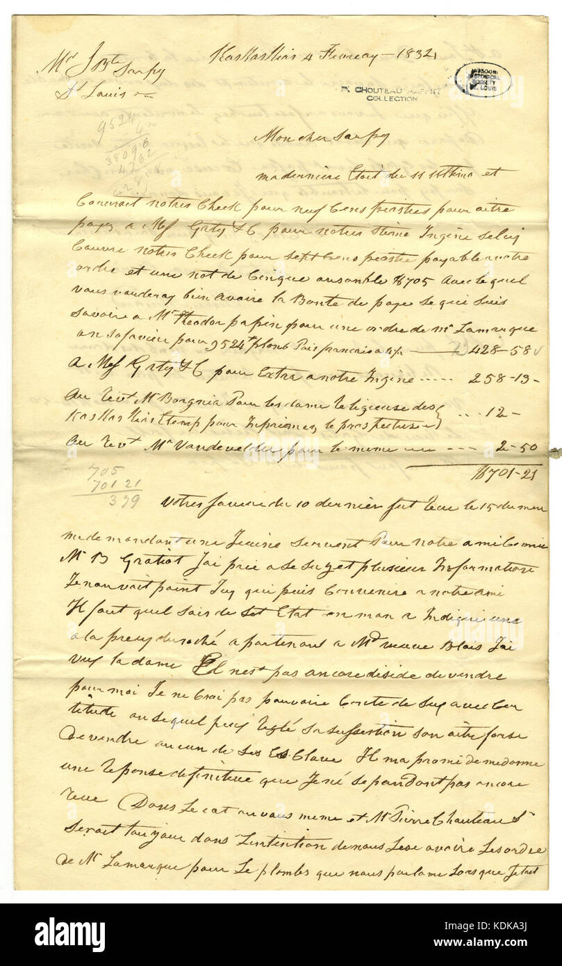 Brief unterzeichnet Pierre Menard, Kaskaskias, Jean Baptiste Sarpy, St. Louis, 4. Februar 1832 Stockfoto