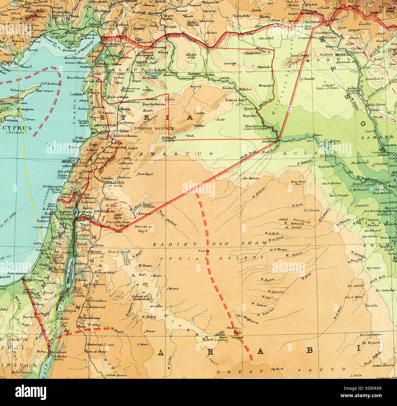 Ein Dokument oder eine Karte aus dem Jahr 1922, das die administrativen Unterteilungen und politischen Grenzen Palästinas und Transjordans während der britischen Mandatsperiode beschreibt. Stockfoto