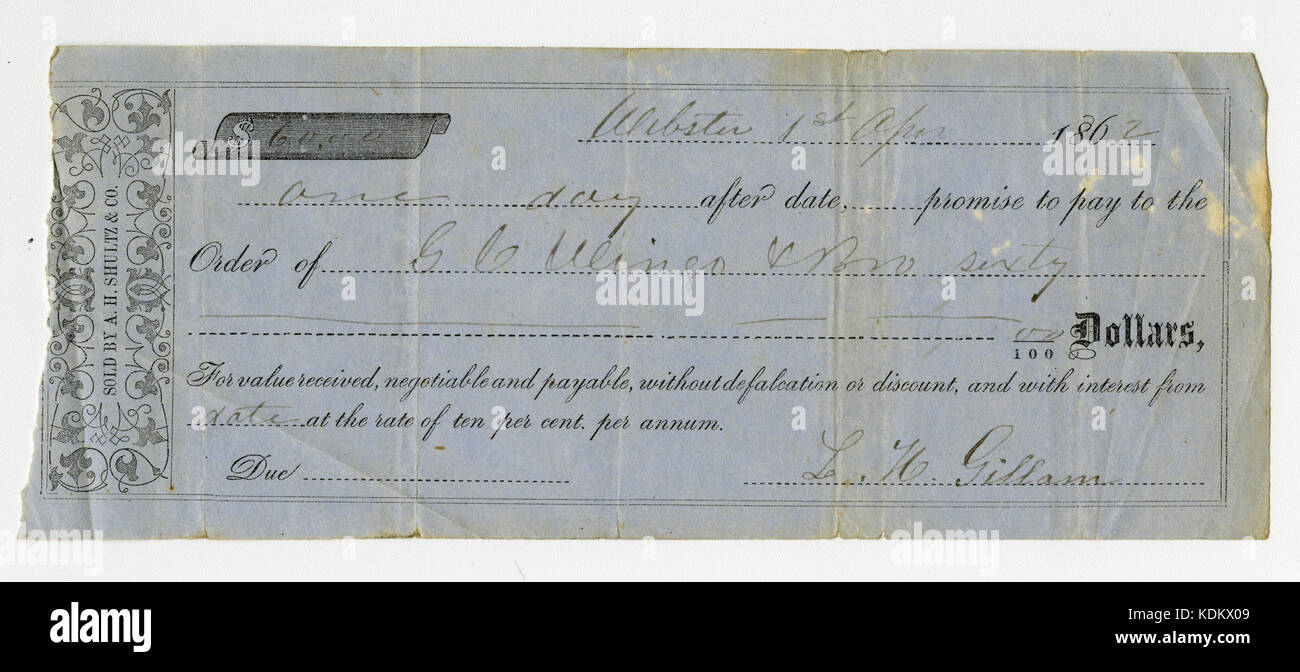 Schuldschein unterschrieben, LINKS Gillam, G.C. Wingo, 1. April 1862 Stockfoto