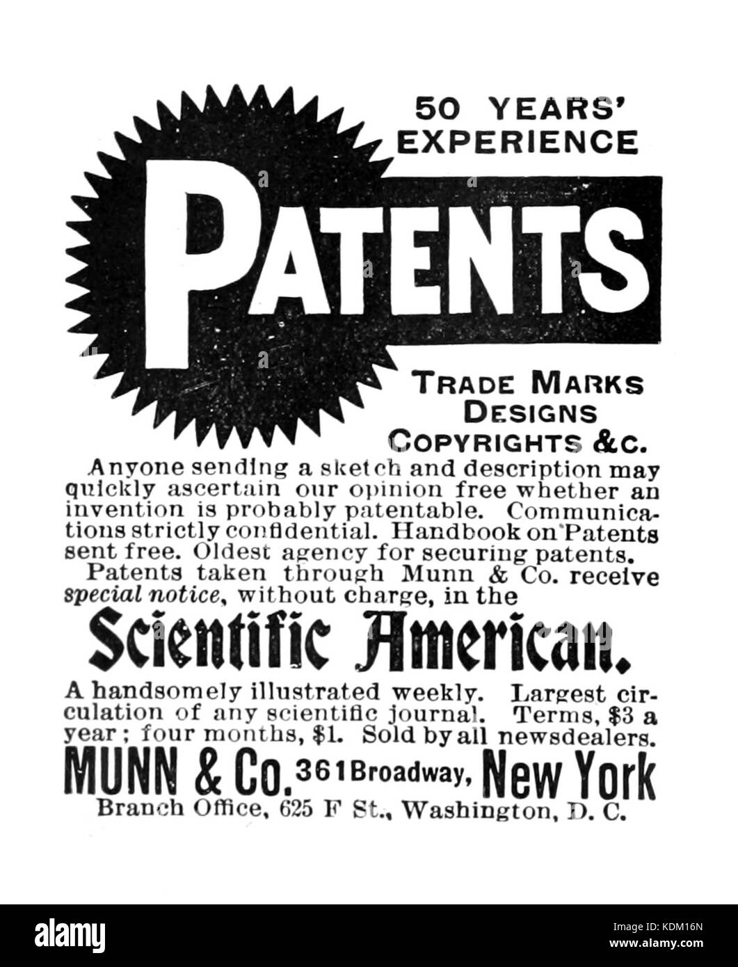 In dieser Werbung von Munn aus dem Jahr 1903 werden Produkte oder Dienstleistungen vorgestellt, die während dieser Zeit beworben wurden. Sie bietet einen Einblick in die Werbetechniken und die Konsumkultur des frühen 20. Jahrhunderts. Stockfoto