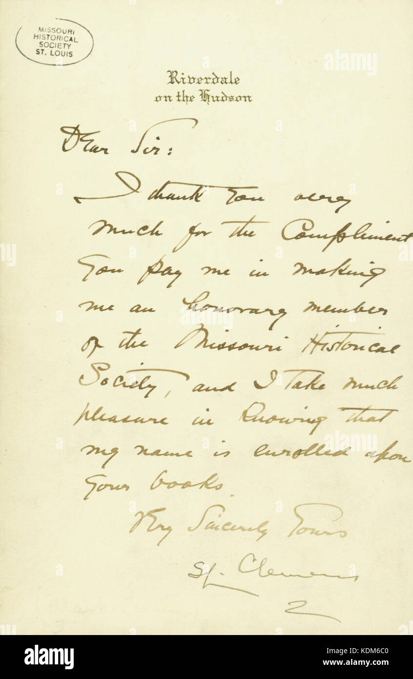 Brief unterzeichnet S.L. Clemens (Mark Twain), Riverdale auf dem Hudson, (zum Missouri Historical Society), Ca. 1903 Stockfoto