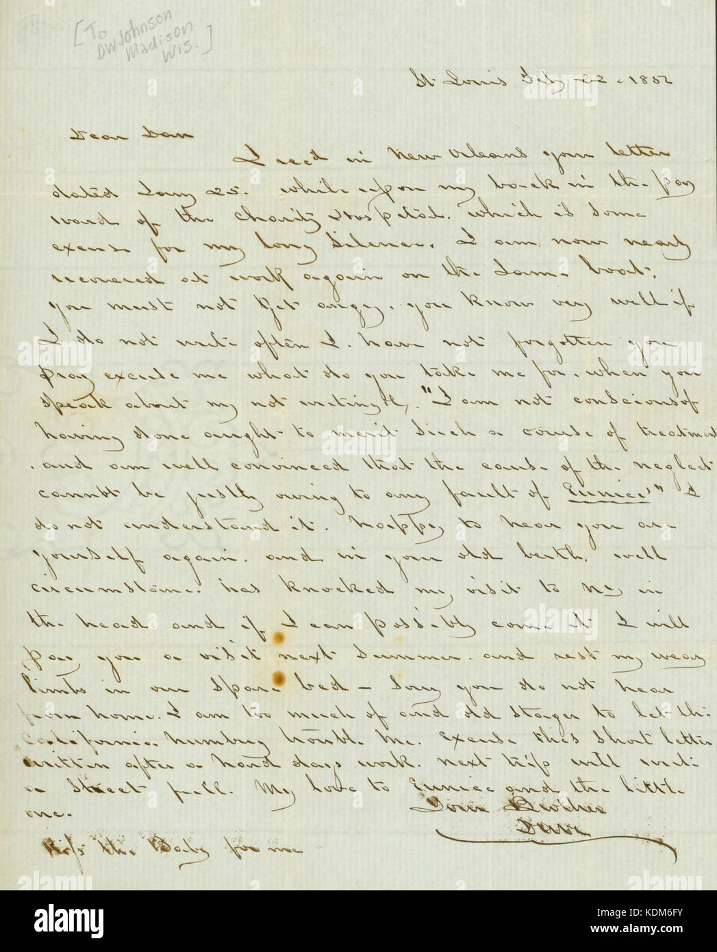 Brief von Dave (Johnson), St. Louis, mit seinem Bruder Dan W. Johnson, 22. Februar 1852 Stockfoto