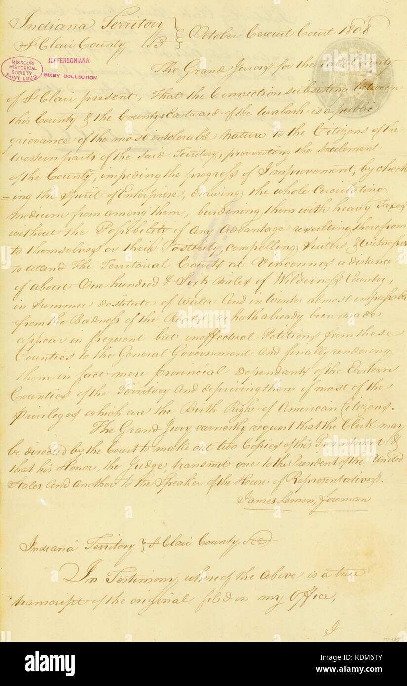 Petition unterschrieben John Hay, CCC (Stromkreis Gerichtspraktikum für St. Clair County) und James Lemen, Polier, St. Clair County, Indiana Gegend, 3. November 1808 Stockfoto