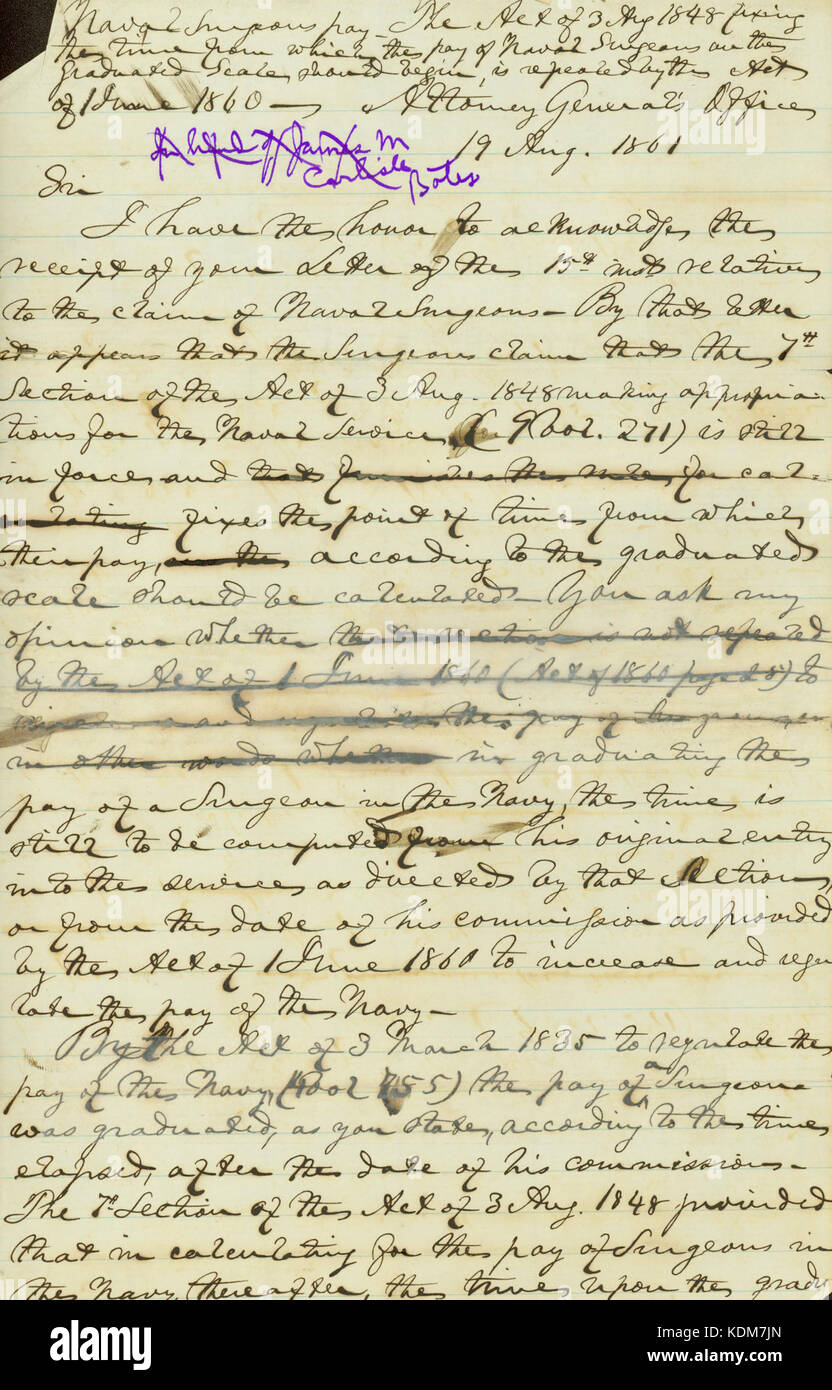 Brief unterzeichnet Attorney General (Edward Bates), Büro des Attorney General, Hon. Gideon Welles, Sekretär der Marine, 19. August 1861 Stockfoto