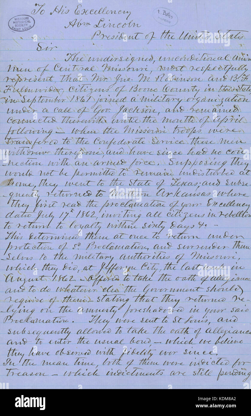 Brief unterzeichnet James H. Waugh, Sheriff von Boone County, Mo et al., an Seine Exzellenz Abm. Lincoln (Abraham Lincoln), Präsident der Vereinigten Staaten von Amerika, 16. Januar 1864 Stockfoto