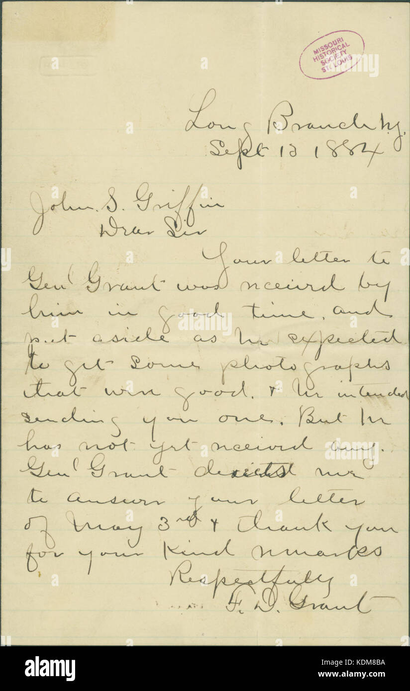 Brief unterzeichnet F.D. Grant (im Namen der US Grant), Long Branch, New Jersey, John S. Griffin, 13. September 1884 Stockfoto