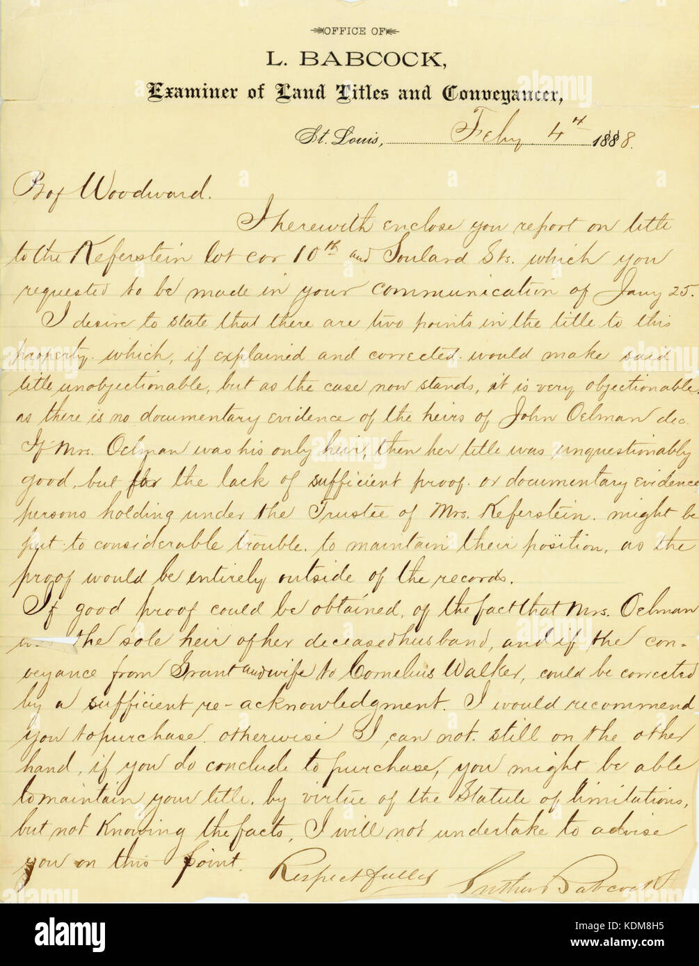 Brief unterzeichnet L. Babcock, Prüfer von Landtiteln und Transportbehälter, Professor Calvin M. Woodward, 4. Februar 1888 Stockfoto