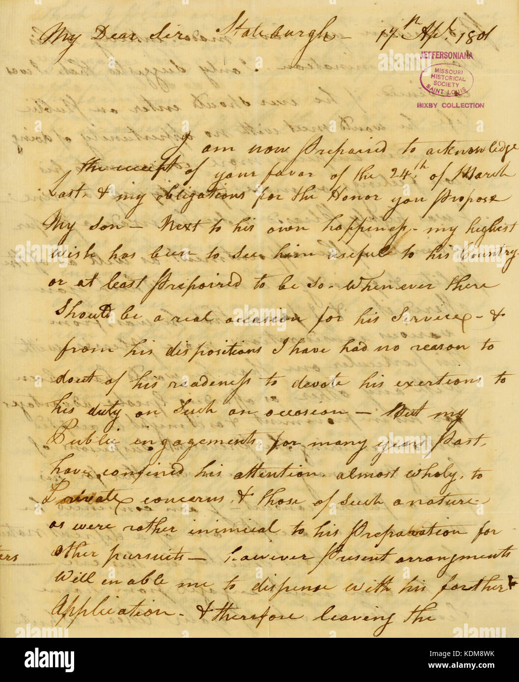 Brief von Thomas Sumter, Stateburgh, zu Thomas Jefferson, 17. April 1801 Stockfoto