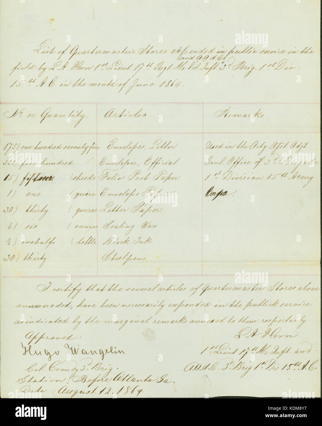 Liste der Quartiermeister speichert, unterzeichnete L.A. Horn, 1 Lieut. 17 Mo. Inft. und A.A.D.C. 3d-Brig. 1. Div. 15. A. C., 12. August 1864 Stockfoto