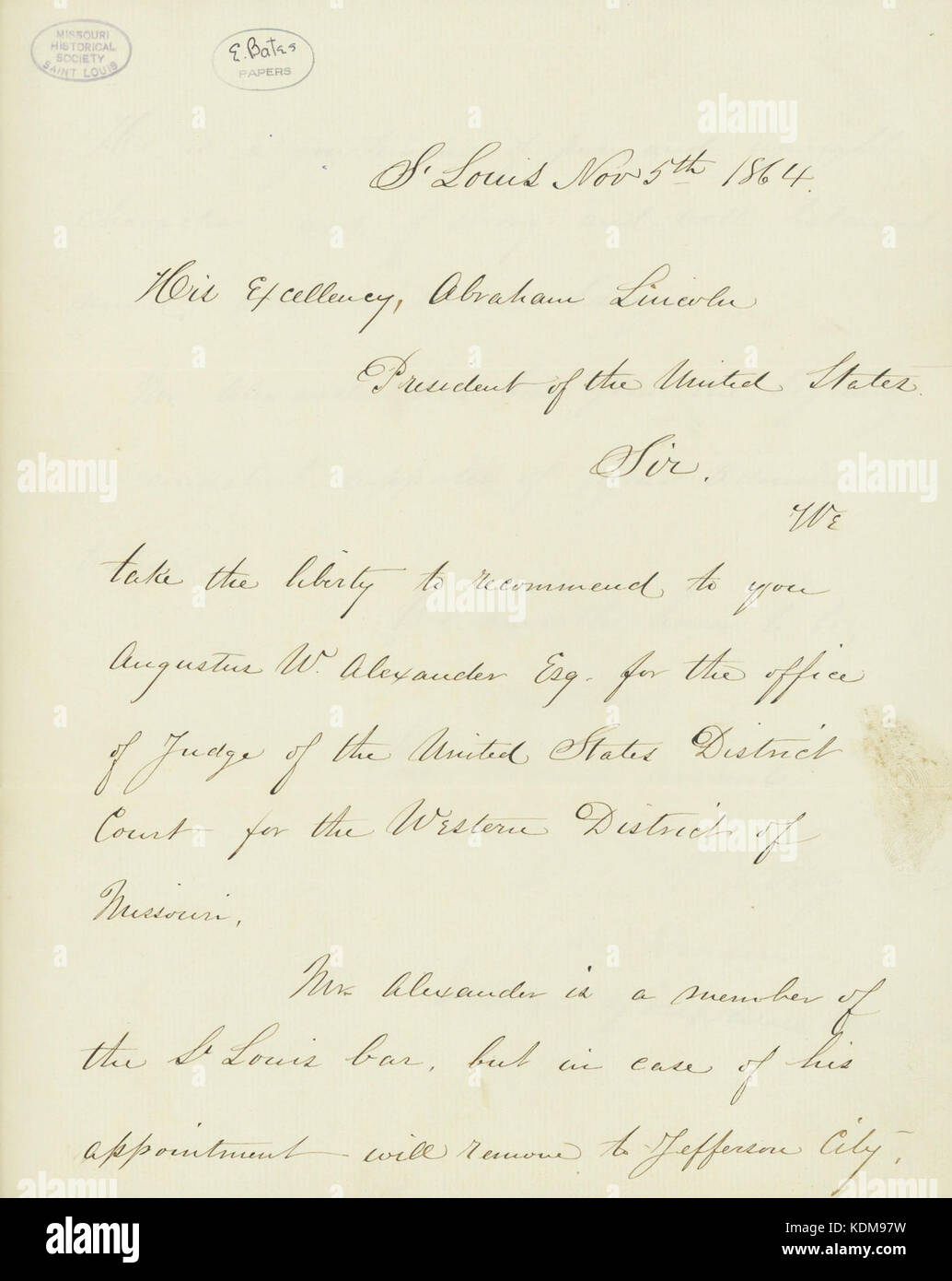 Dieser Brief, unterzeichnet von W.V.N. Bay und L.D.S. Dryden, Richtern am Obersten Gerichtshof in St. Louis, wurde am 5. November 1864 während des Amerikanischen Bürgerkriegs an Präsident Abraham Lincoln gerichtet. Die Korrespondenz gibt historische Einblicke in die Rechtsfragen der Epoche. Stockfoto