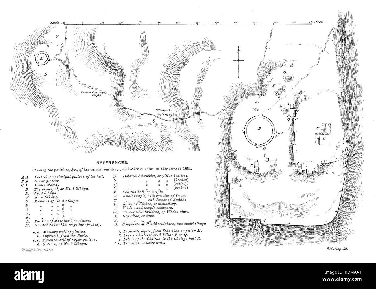 Die Karte von Sanchi mit Stupa 28 zeigt das Layout der antiken buddhistischen Stätte von Sanchi, wobei der Schwerpunkt auf architektonischen Merkmalen wie Stupas und ihrer religiösen Bedeutung in der buddhistischen Tradition liegt. Stockfoto