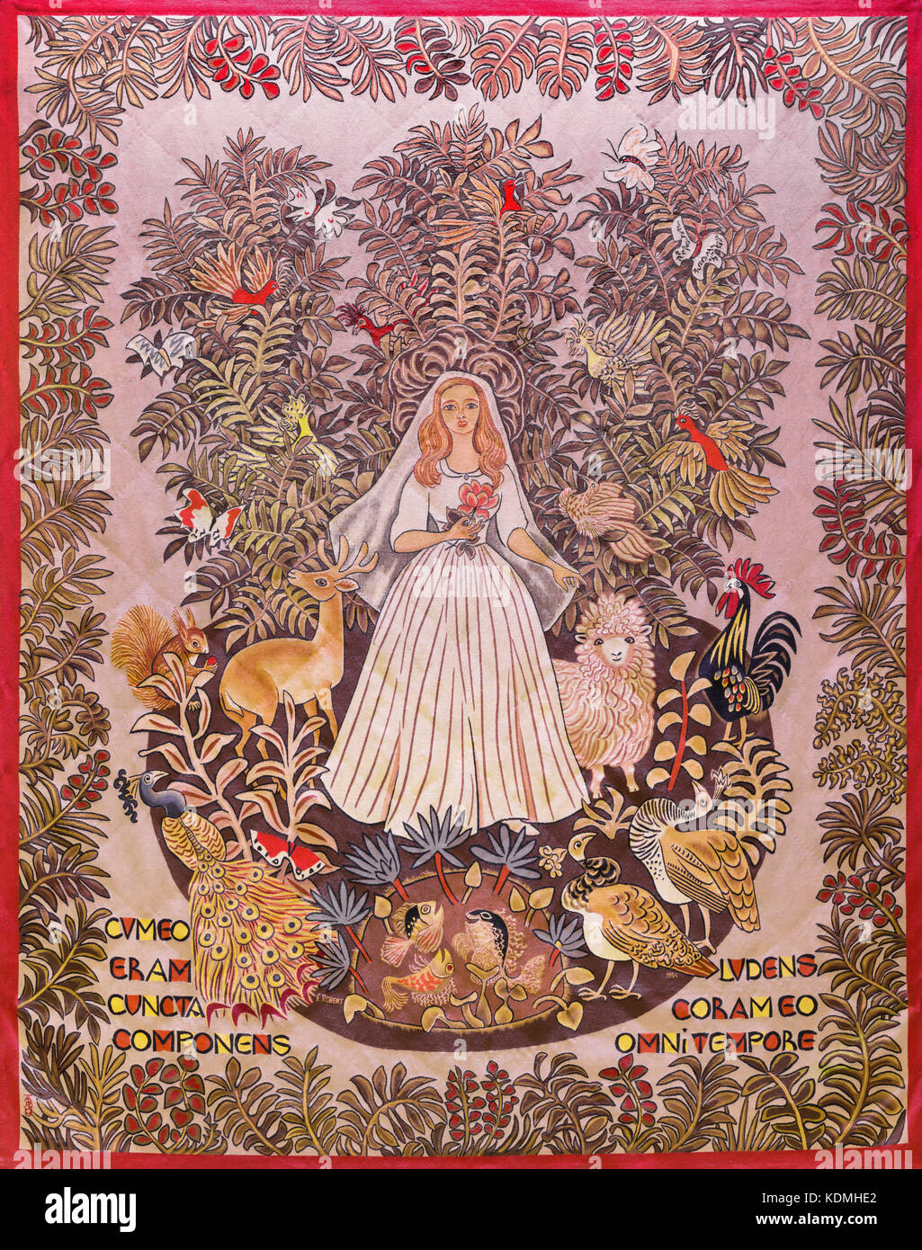 London, Großbritannien - 18 September 2017: Der Wandteppich "Paradies auf Erden" in der Kirche Notre Dame de la France. Stockfoto