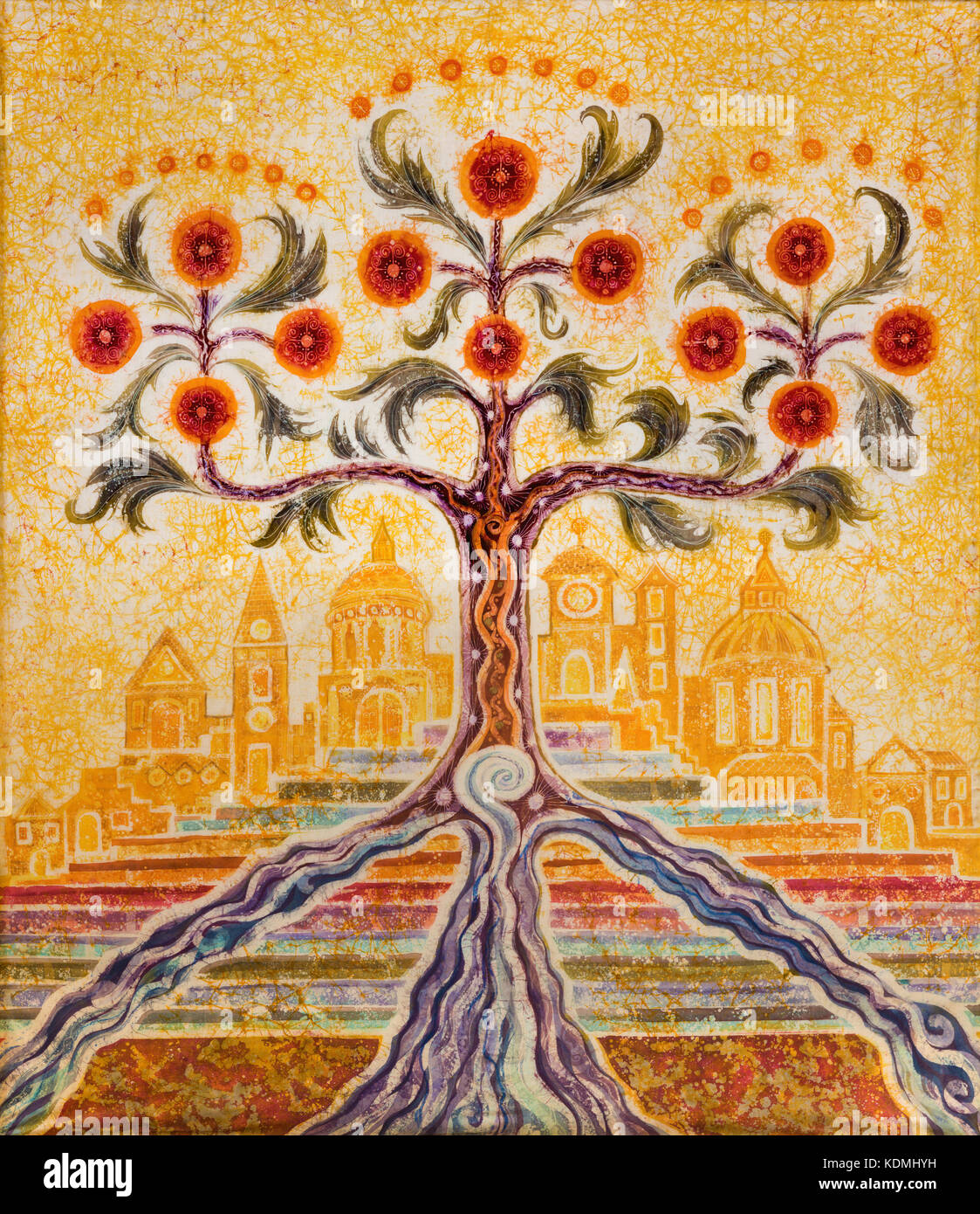 London, Großbritannien - 18 September, 2017: Die moderne symbolische Malerei der Baum des Lebens und der Heiligen Stadt Jerusalem in der Kirche St. Botolph Aldgate Stockfoto