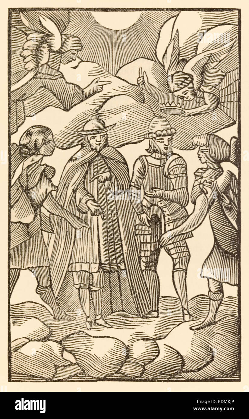 "Nun, nun, wie der Heilige Pilger fahren, die Wolken sind ihre Wagen, Engel ihre sind Guide" von "Der Pilger Fortschritt aus dieser Welt, zu dem, was Kommen" von John Bunyan (1628-1688). Christian und hoffnungsvoll auf die himmlische Stadt geholfen von Engeln. Weitere Informationen finden Sie unten. Stockfoto