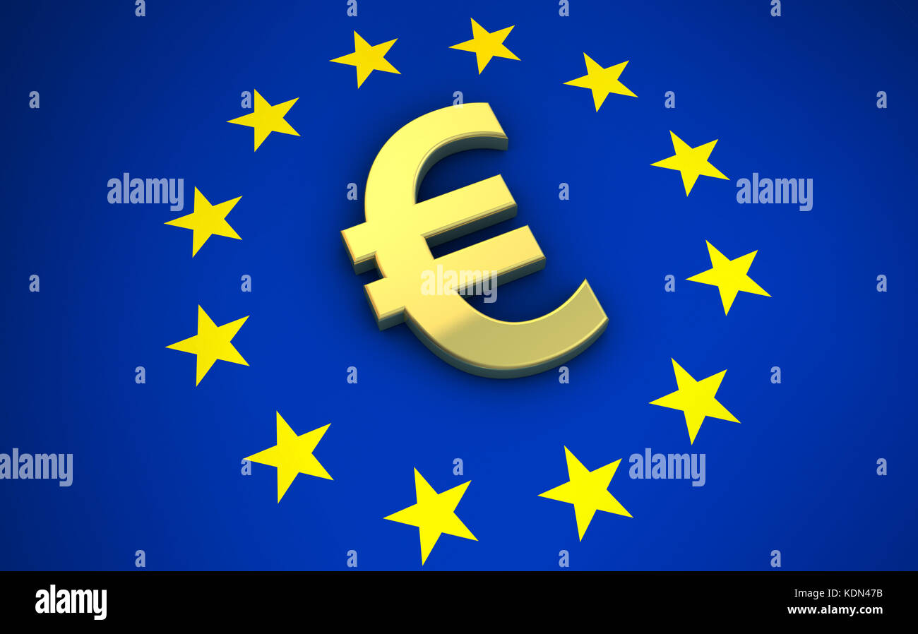 Fahne der Europäischen Union und golden Euro Symbol 3D-Abbildung. Stockfoto