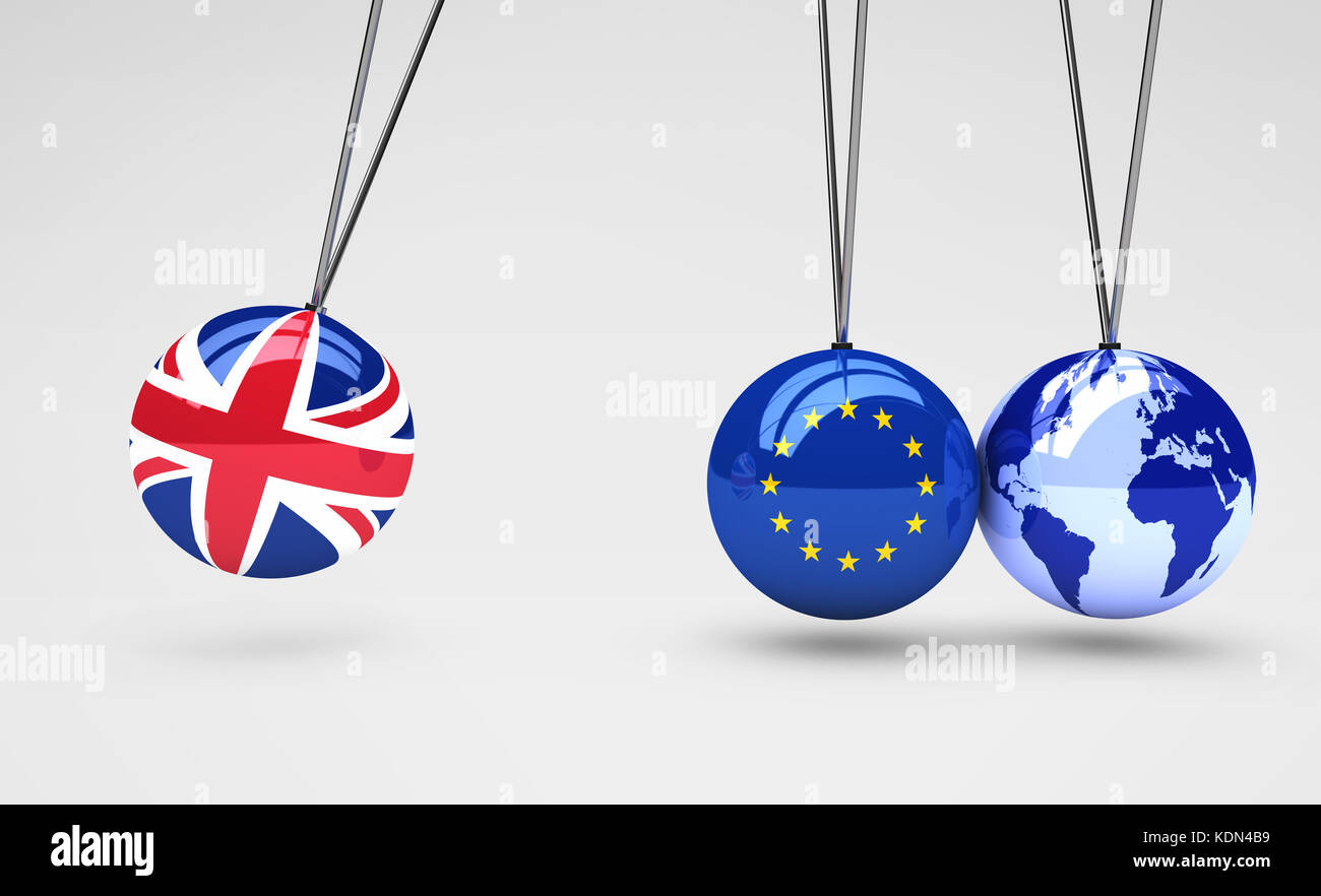 Brexit-Effekt und globale folgen Geschäftskonzept mit Union Jack, EU-Flagge auf Kugeln und Welt Karte Globus 3D Illustration. Stockfoto