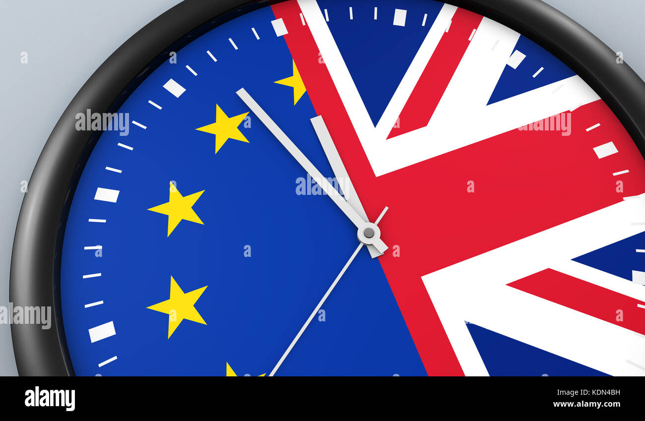 Brexit UK beenden EU Verhandlungen Verfahrenskonzept mit Union Jack-Europäische Union Flagge auf einem Clock 3D Illustration. Stockfoto