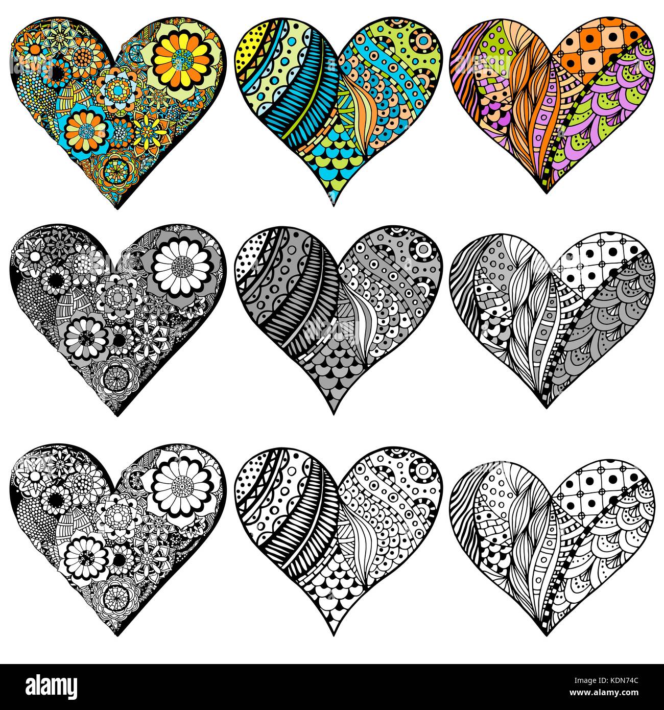 Set hand Herzen in zentangle Stil gezeichnet. Muster für das Malbuch