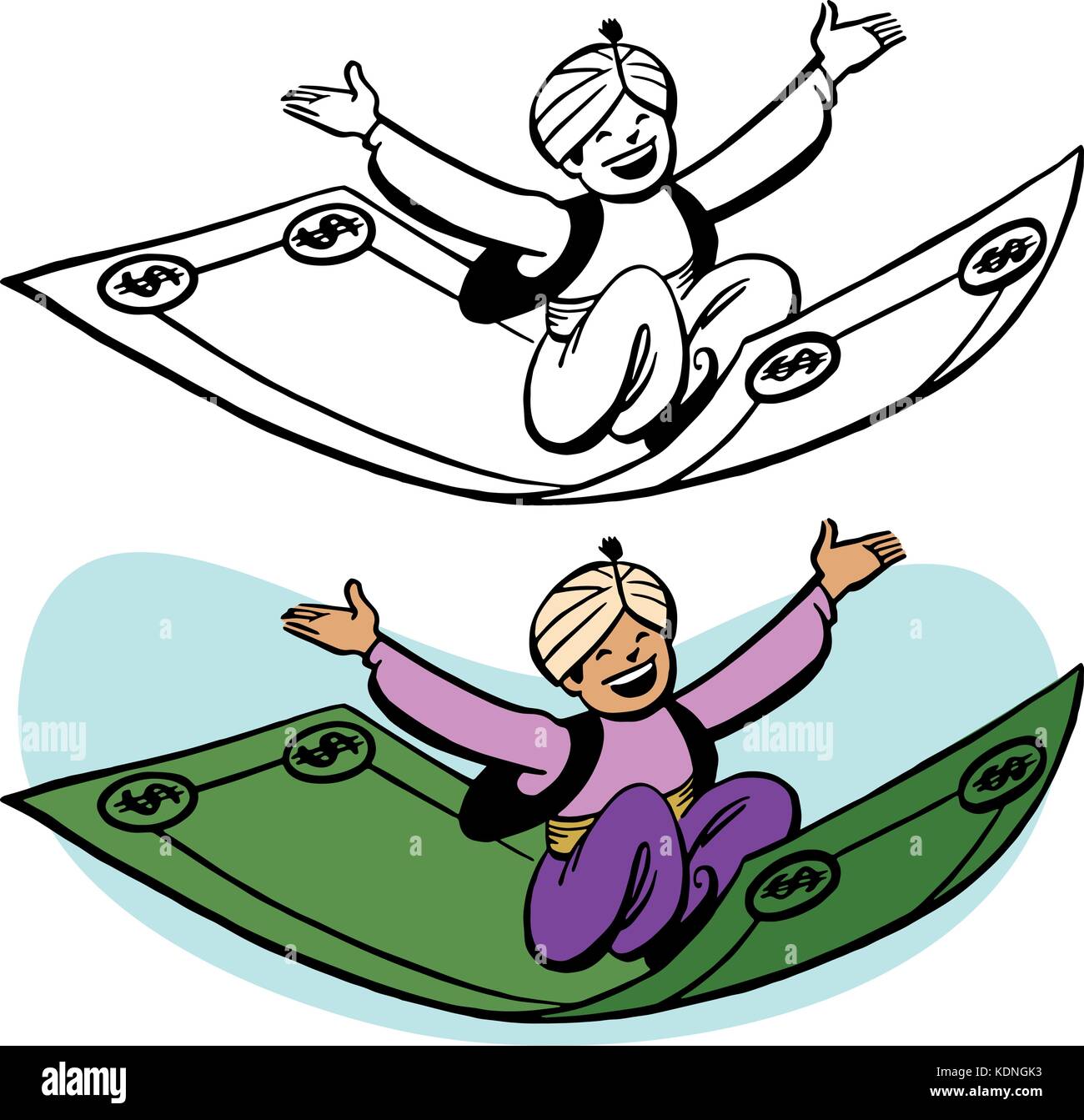 Ein Mann in einem turban reitet ein magischer Teppich aus einem Dollar Bill Stock Vektor