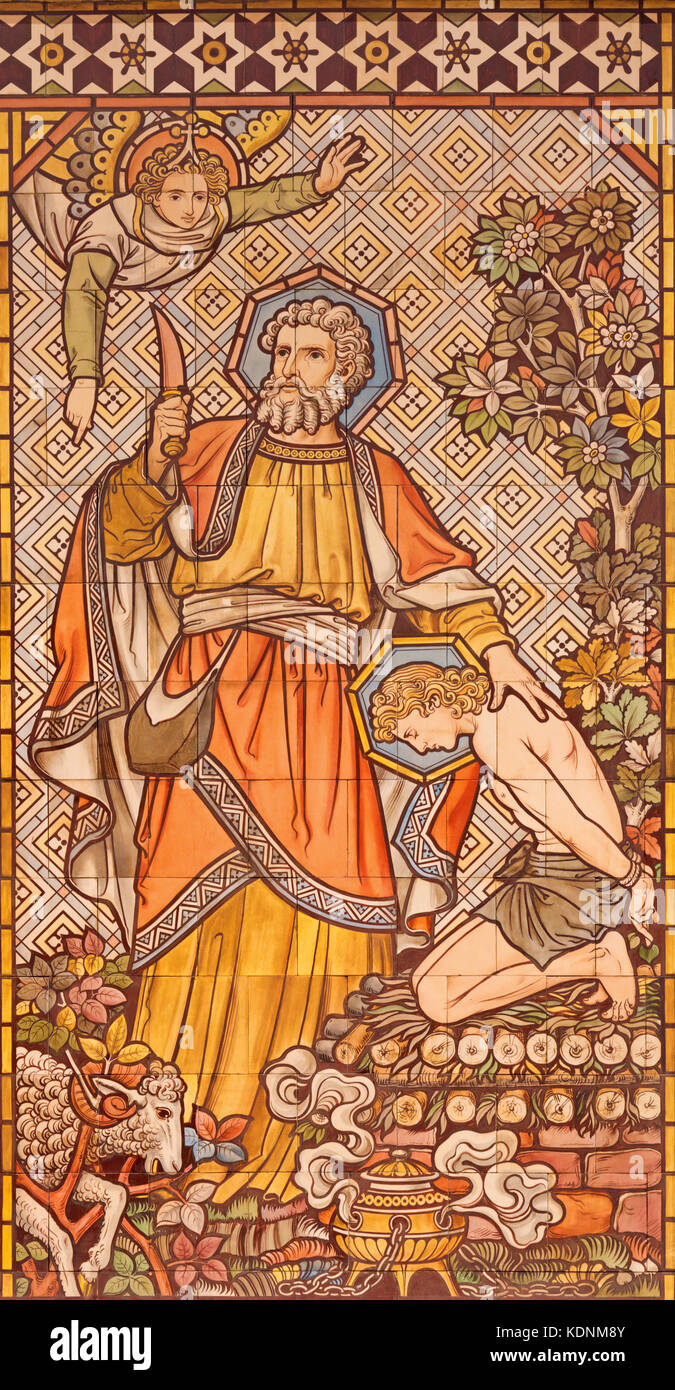 London - die Fliesen- Mosaik von Abraham, Isaak und in der Kirche Allerheiligen, entworfen von butterfield und von Alexander Gibbs (1873) lackiert. Stockfoto