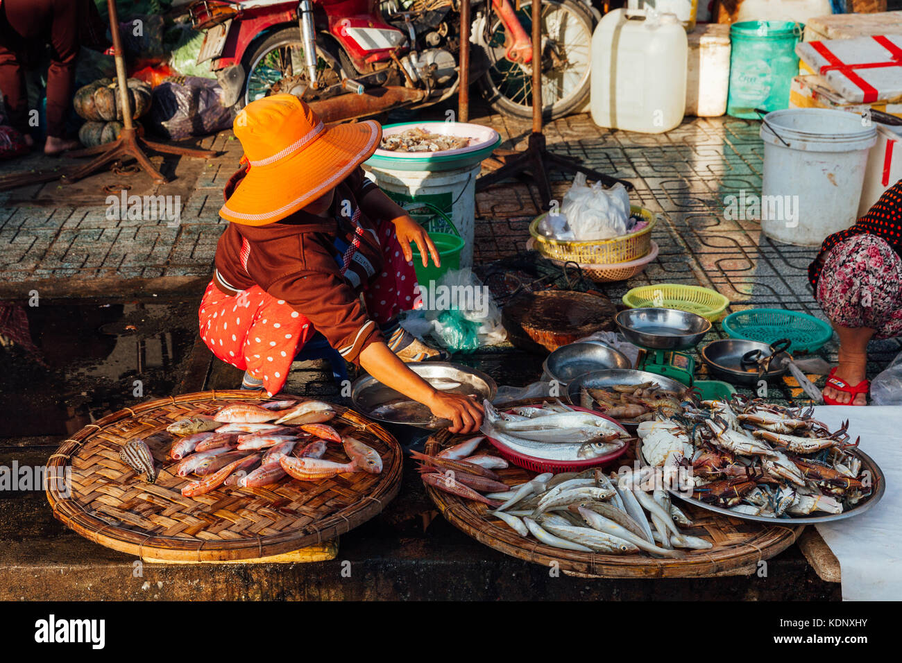Nha Trang, Vietnam - am 14. Juli 2016: vietnamesische Frau verkauft Fisch am Morgen Markt in Nha Trang, Vietnam am 14. Juli 2016. Stockfoto