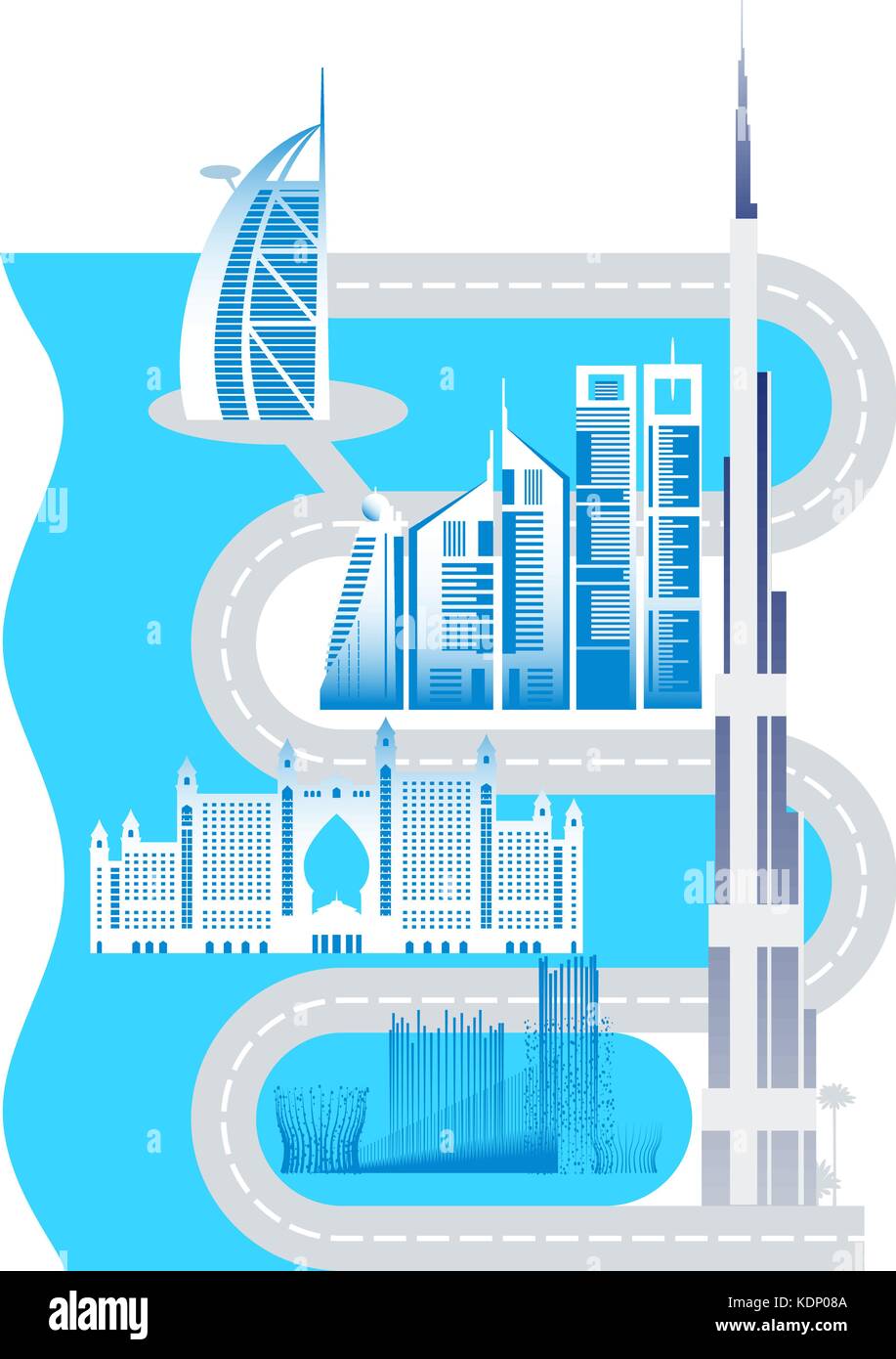Dubai Stadt mit Wolkenkratzern und Wahrzeichen Vector Illustration Stock Vektor