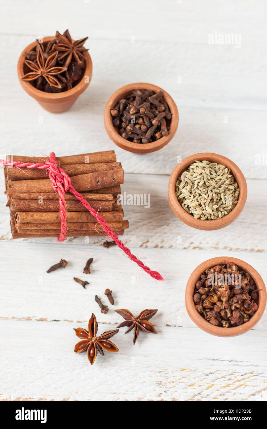 Chinesischen fünf Gewürze, in Tontöpfen über rustikale weißlich Hintergrund getrennt Stockfoto