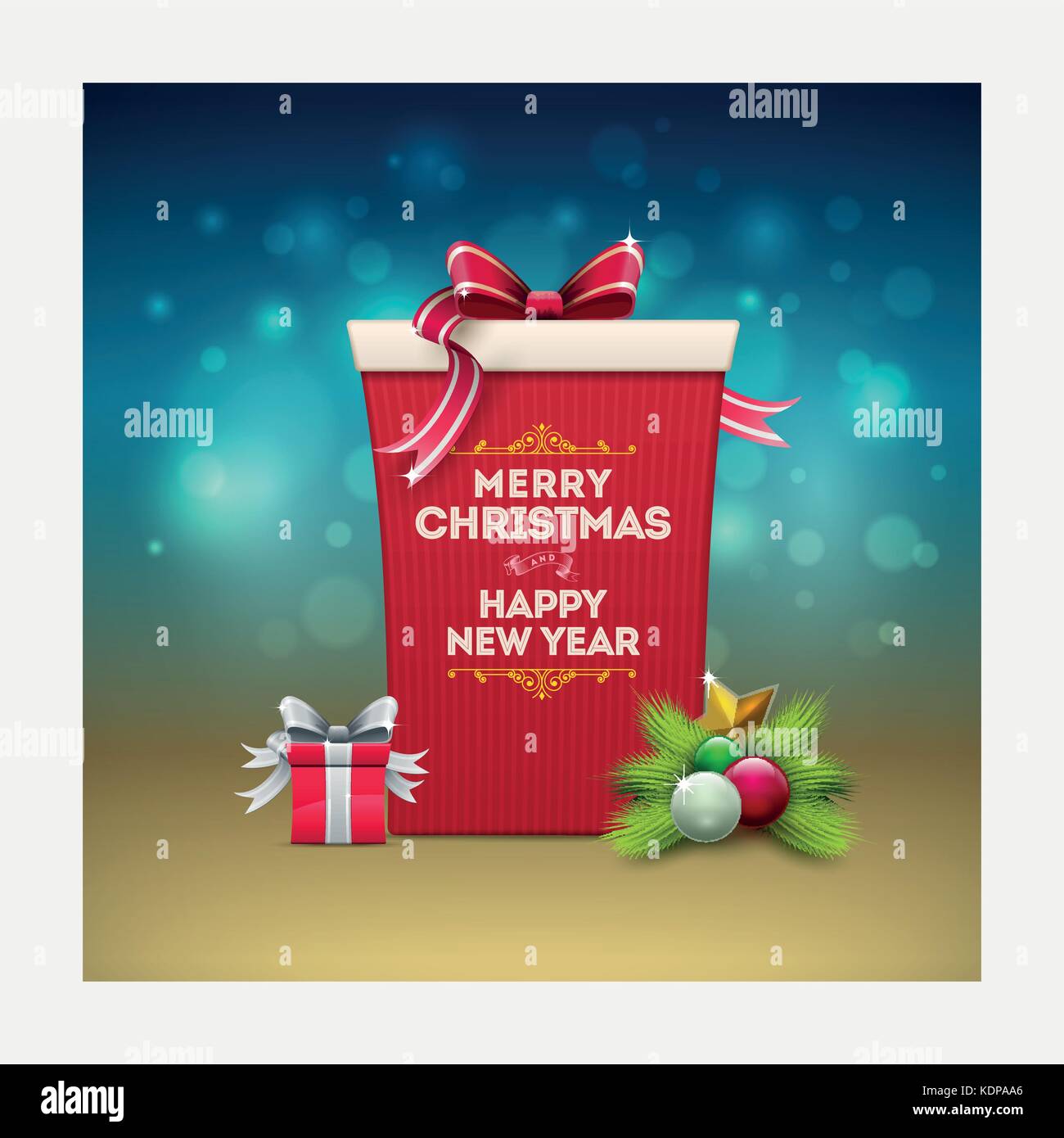 Weihnachten Geschenk box Grußkarte Design. frohe Weihnachten und ein glückliches neues Jahr Text in das Feld ein. 2-in-1-Vector Illustration. Stock Vektor
