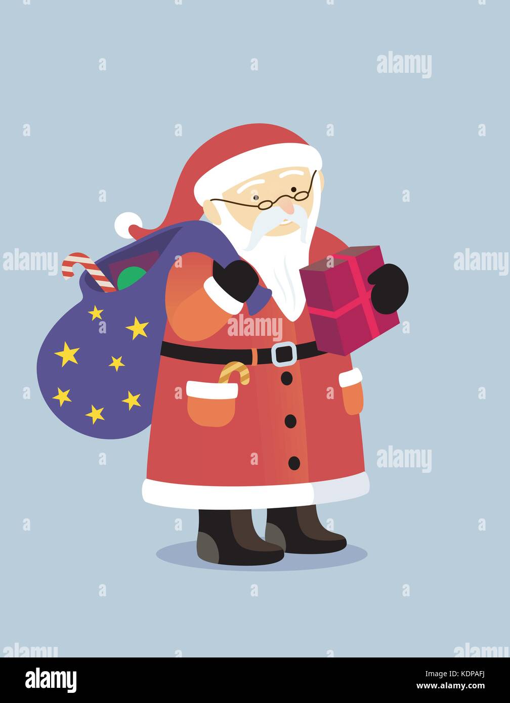Cartoon Santa Claus mit Beutel der Geschenke Postkarte Stock Vektor
