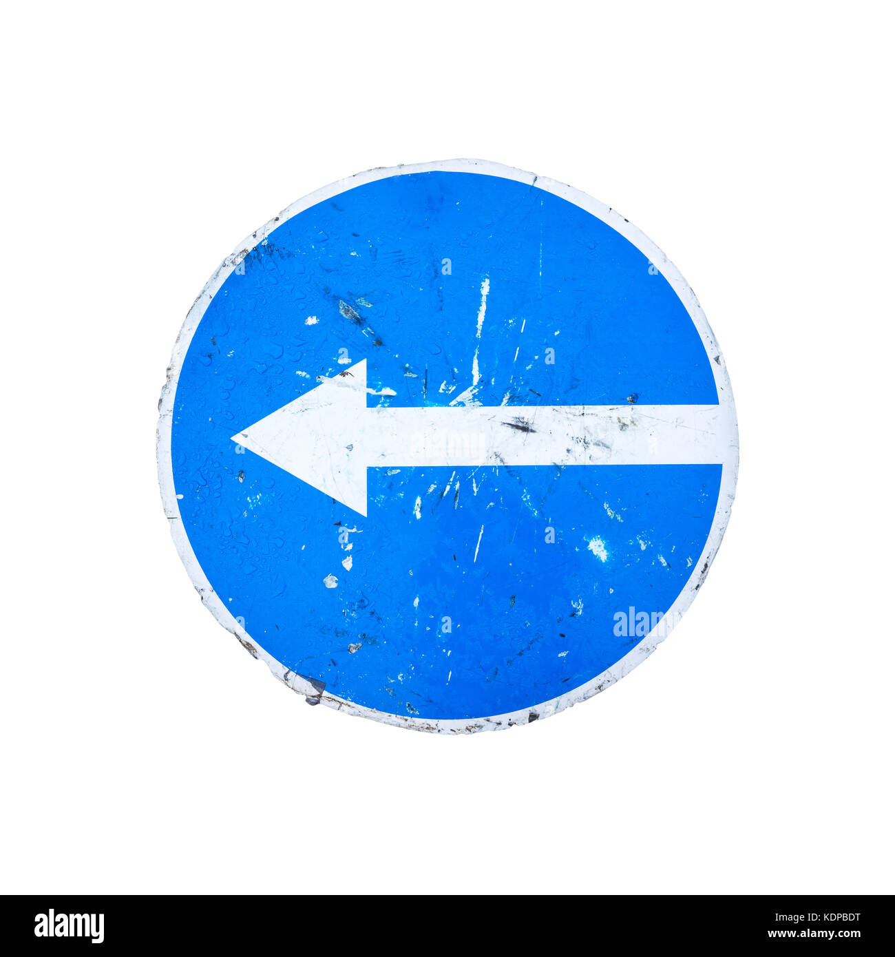 Gehen Sie nach links, runden blauen Schild mit Pfeil auf weißem Hintergrund Stockfoto