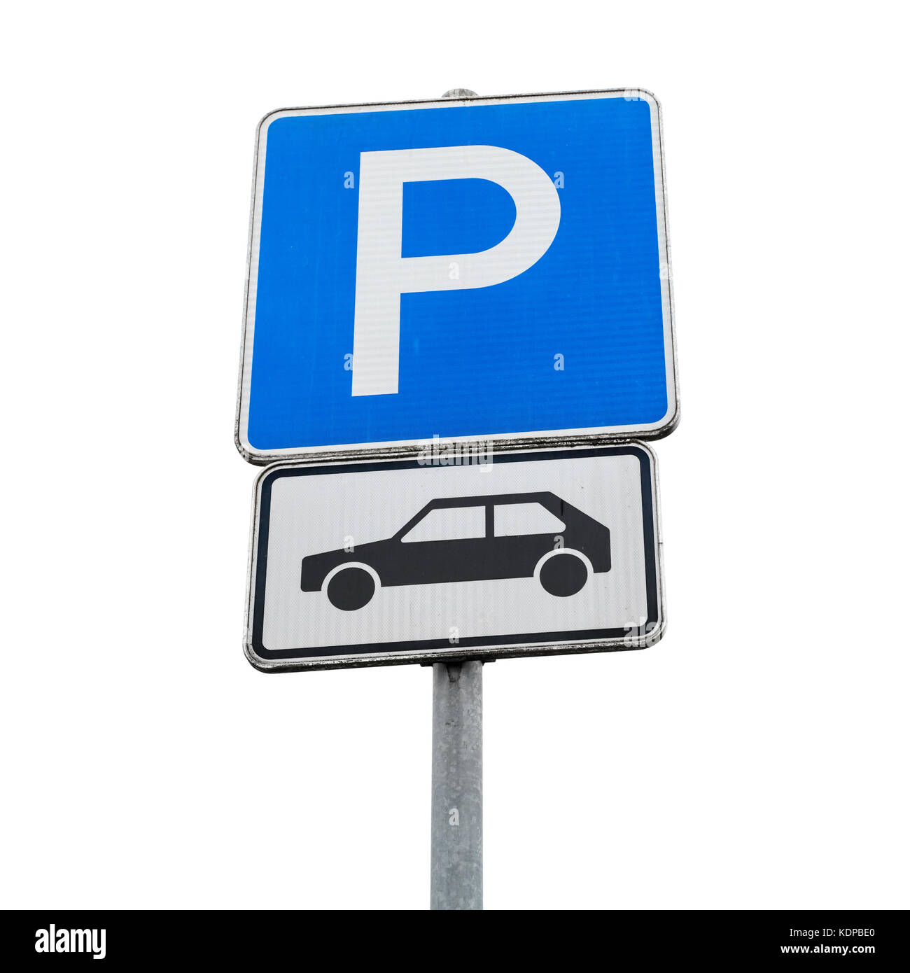 Motor Parkplatz anmelden. Blue Square Schild auf weißem Hintergrund Stockfoto