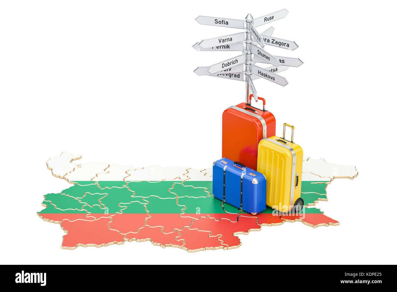 Bulgarien reisen Konzept. Bulgarische Flagge auf der Karte mit Koffern und Wegweiser, 3D-Rendering Stockfoto