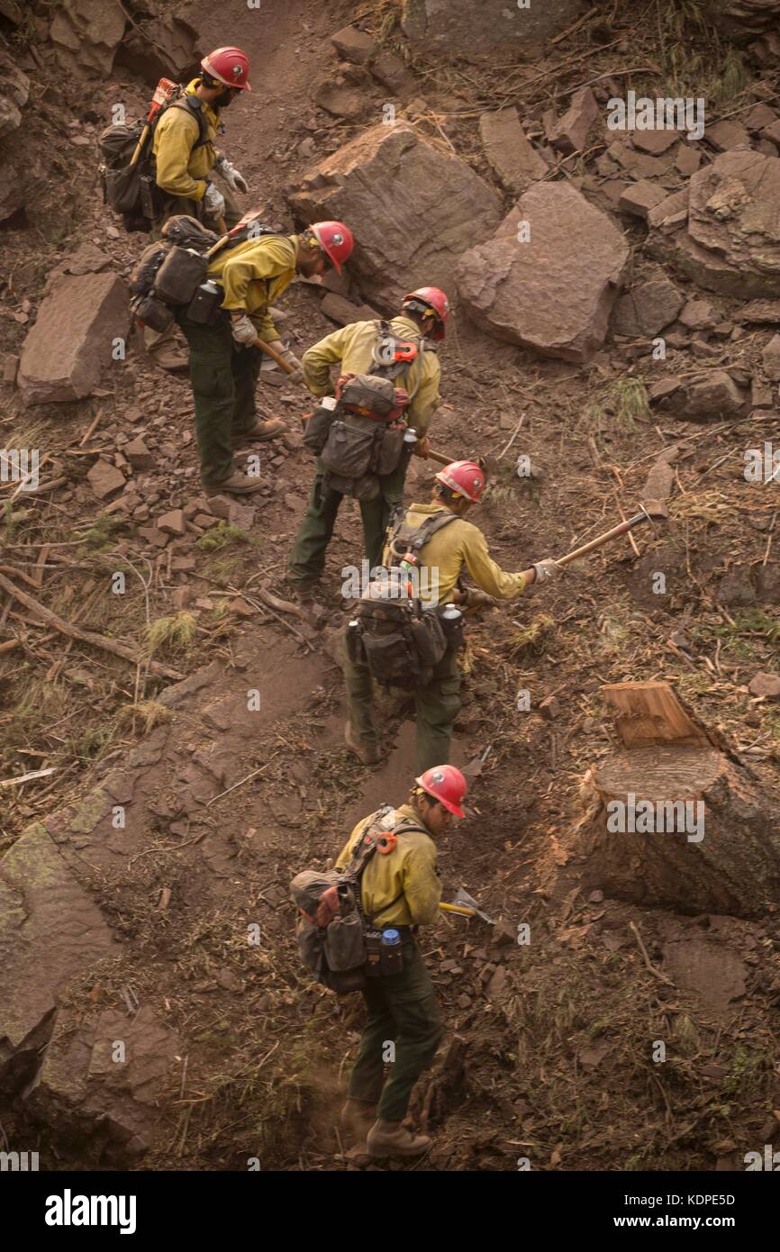 Backcountry Feuerwehrleute hand Graben ein Brand Linie auf morrell Berg in den Reis Ridge Forest Feuer in der Lolo National Forest August 14, 2017 in der Nähe von Missoula, Montana. Stockfoto