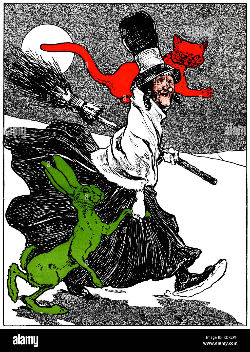 Alte Frau Hexe mit Katze rot und grün Kaninchen durch das Licht des Mondes (1906) Stockfoto
