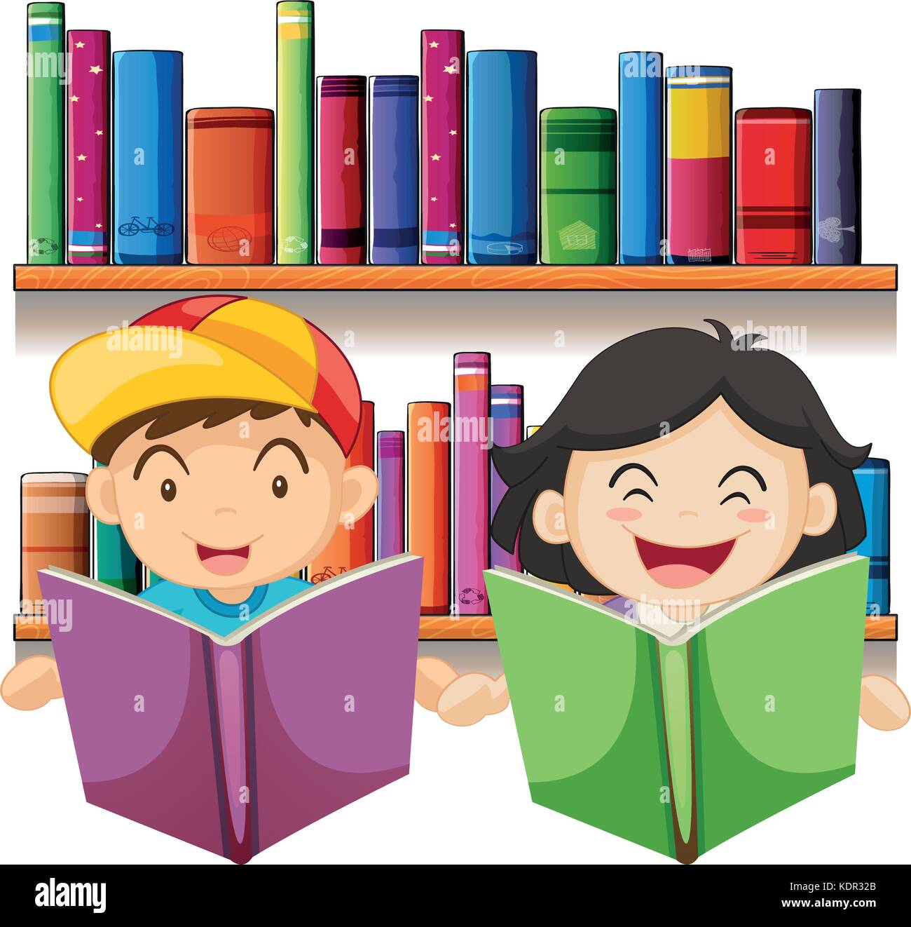 Junge und Mädchen lesen Buch in Bibliotheksillustration Stock Vektor