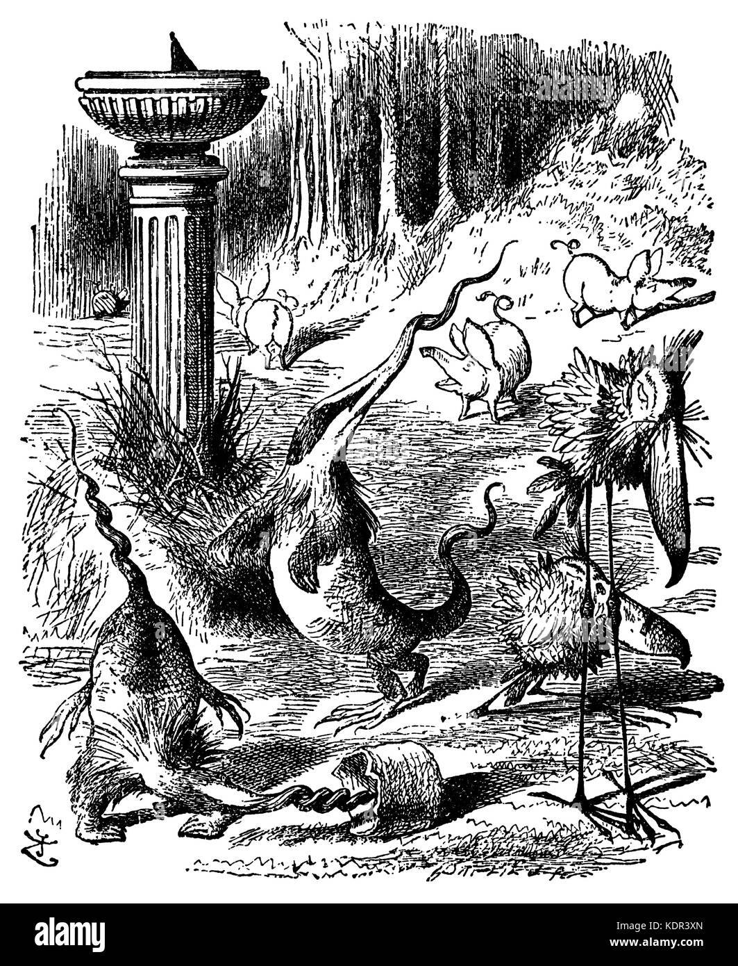 Alice durch den Spiegel: Slivy Toves, mome Raths und der Borogroves-imaginären Kreaturen tummeln sich in den Wald Stockfoto