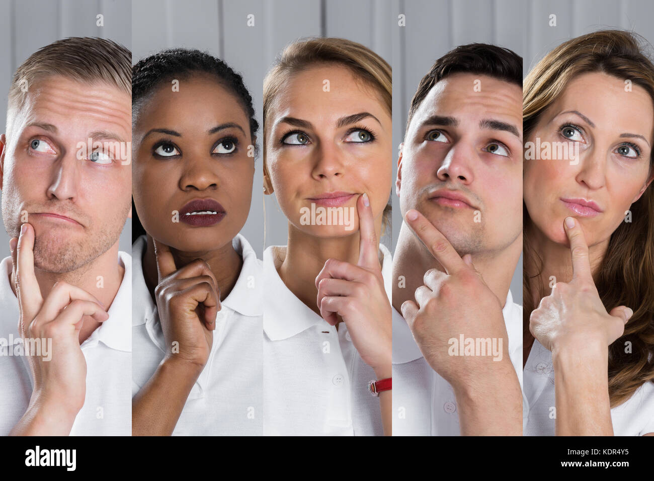 Collage von vielfältigen, multi-ethnischen junge Menschen zeigen, nachdenklichen Gesichtsausdruck Stockfoto Collage von vielfältigen, multi-ethnischen junge Menschen zeigen, nachdenklichen Gesichtsausdruck Stockfoto